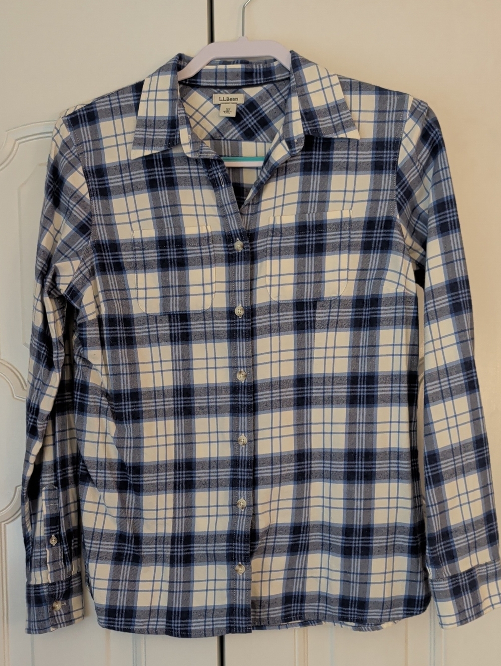 L.L. Bean Blue and White Plaid Button-Down Flannel Shirt Women's Size XS